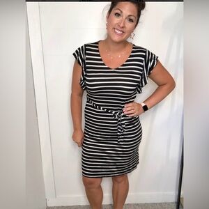 Elegant Black and White Striped Midi Dress